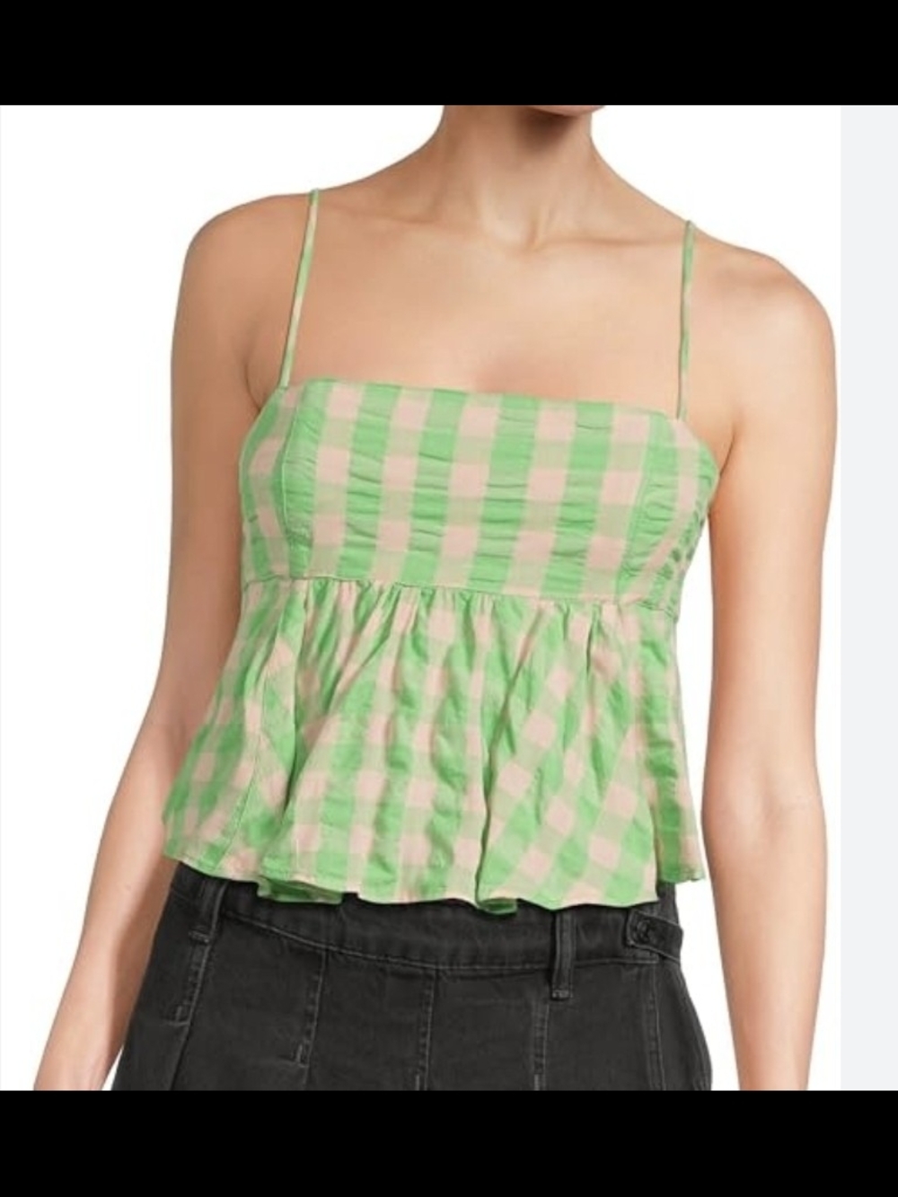 Free People Green Check Peplum Cami 100% Cotton Size M